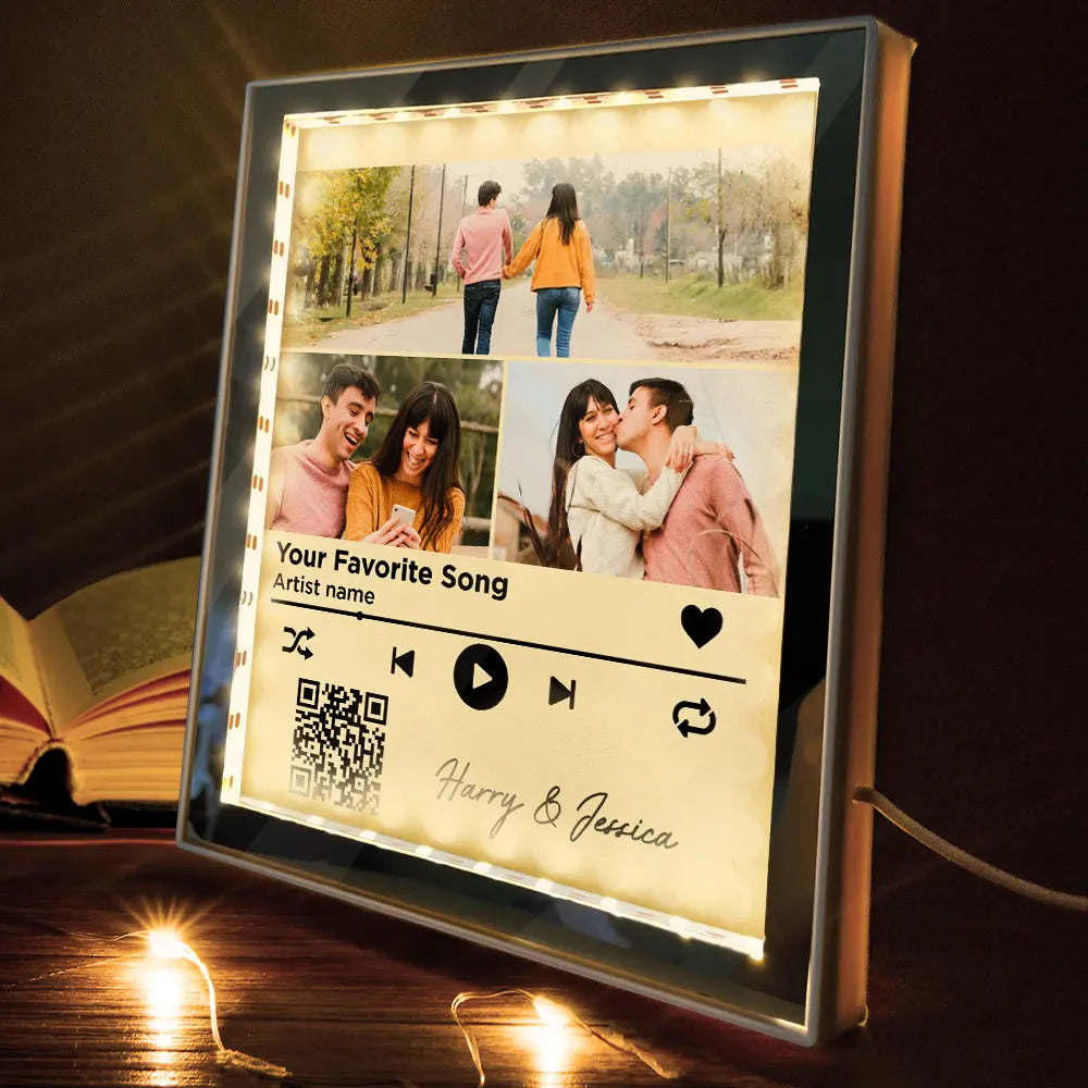 Gift For Couples, Gift For Husband, Gift For Wife, Gift For Boyfriend, Gift For Girlfriend - Custom Photo QR Code Music Lovers Couple Favorite Song - Personalized LED Mirror Frame Lamp