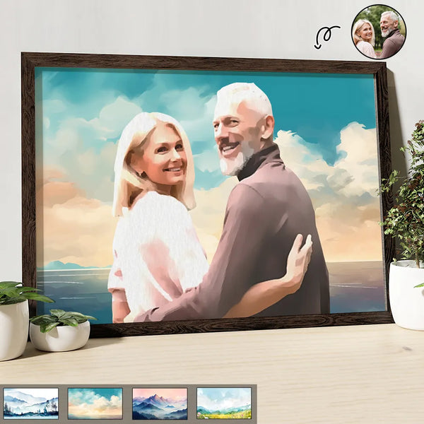 Gift For Couples, Old Couples, Gift For Husband, Gift For Wife, Gift For Boyfriend, Gift For Girlfriend, Family, Gift For Bestie - Custom Photo Watercolor Couple Family Besties Landscape - Personalized Poster