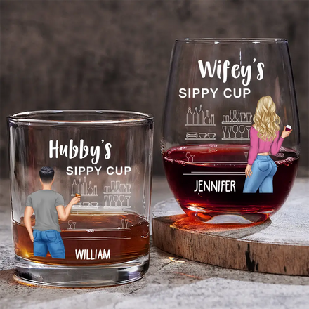 Couple Wifey Hubby's Sippy Cup - Personalized Combo Wine & Whiskey Glass