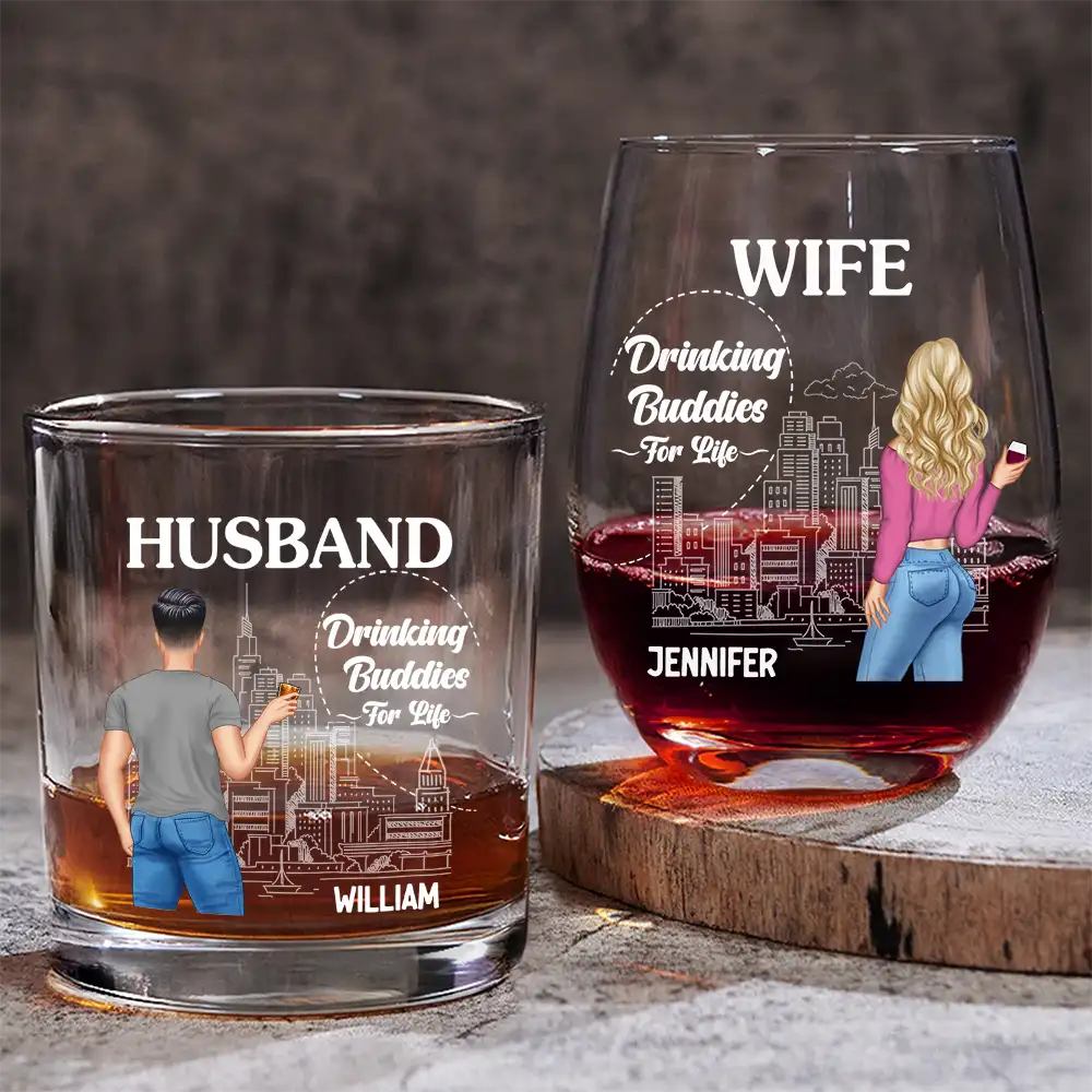 Husband & Wife Drinking Partners For Life - Personalized Combo Wine & Whiskey Glass