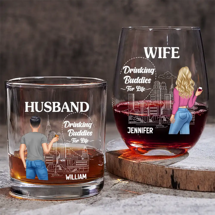 Husband & Wife Drinking Partners For Life - Personalized Combo Wine & Whiskey Glass