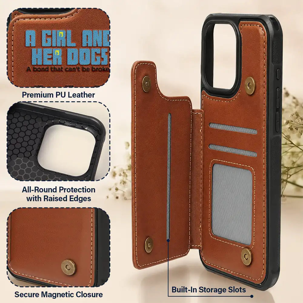 Dog Lovers,Dog Mom - A Girl And Her Dogs - Personalized Leather Flip Wallet Phone Case
