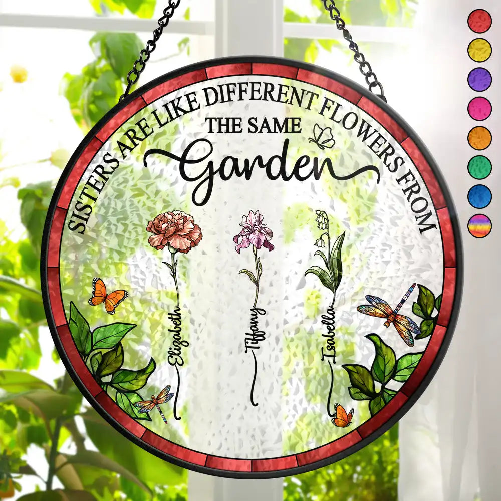 Birth Flower Sisters From The Same Garden - Personalized Stained Glass Window Hanging Suncatcher