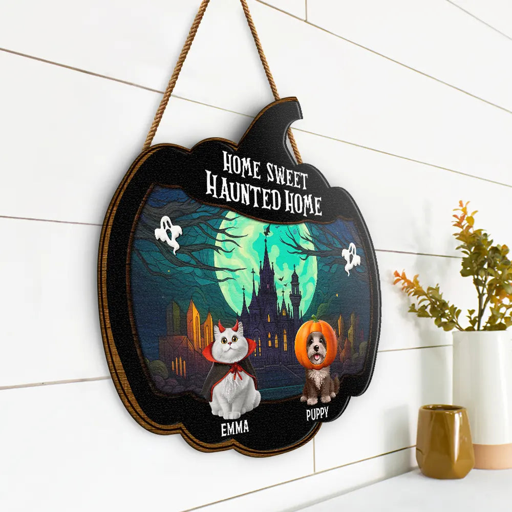 Halloween,Pet Lovers,Happy,Family,Cat Lovers,Dog Lovers - Halloween Home Sweet Haunted Home Pet Lovers - Personalized Custom Shaped Wood Sign