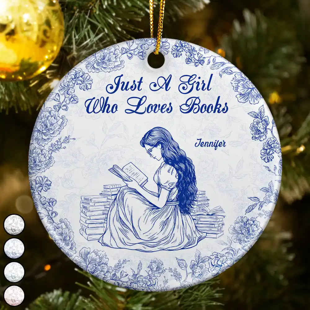 A Girl Who Loves Books Chinoiserie Toile De Jouy - Personalized Circle Ceramic Ornament