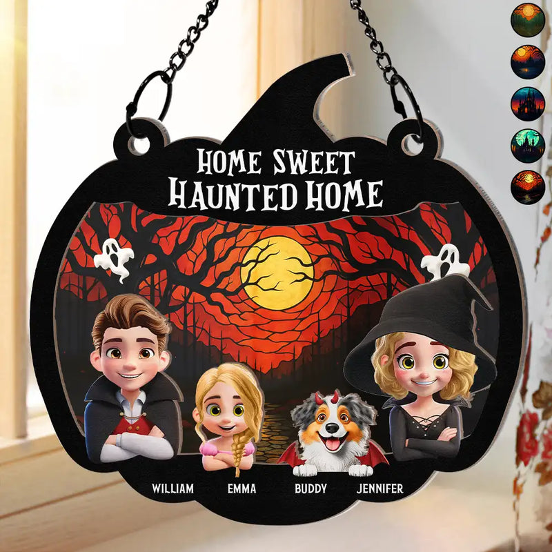 Halloween,Family,Pet Lovers,Happy - Home Sweet Haunted Home Couple With Kids & Pets - Personalized Window Hanging Suncatcher Ornament