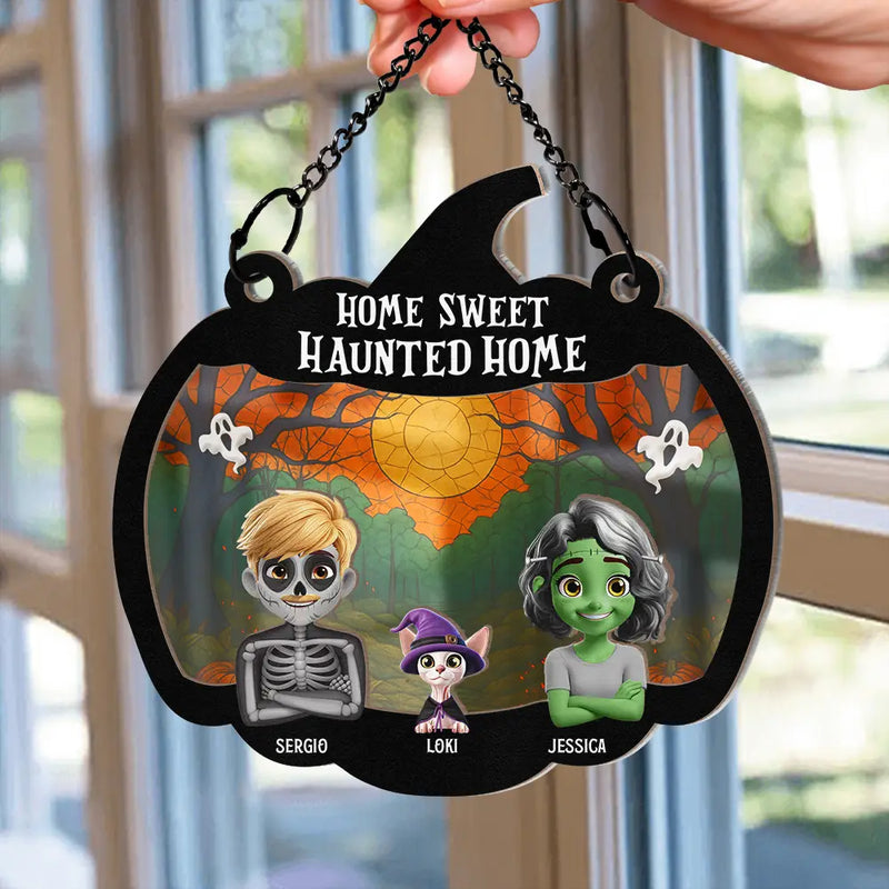 Halloween,Family,Pet Lovers,Happy - Home Sweet Haunted Home Couple With Kids & Pets - Personalized Window Hanging Suncatcher Ornament