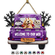Halloween, Pet Lovers, Pet Mom, Pet Dad, Happy - Welcome To Our Web Halloween Truck - Personalized Custom Shaped Wood Sign