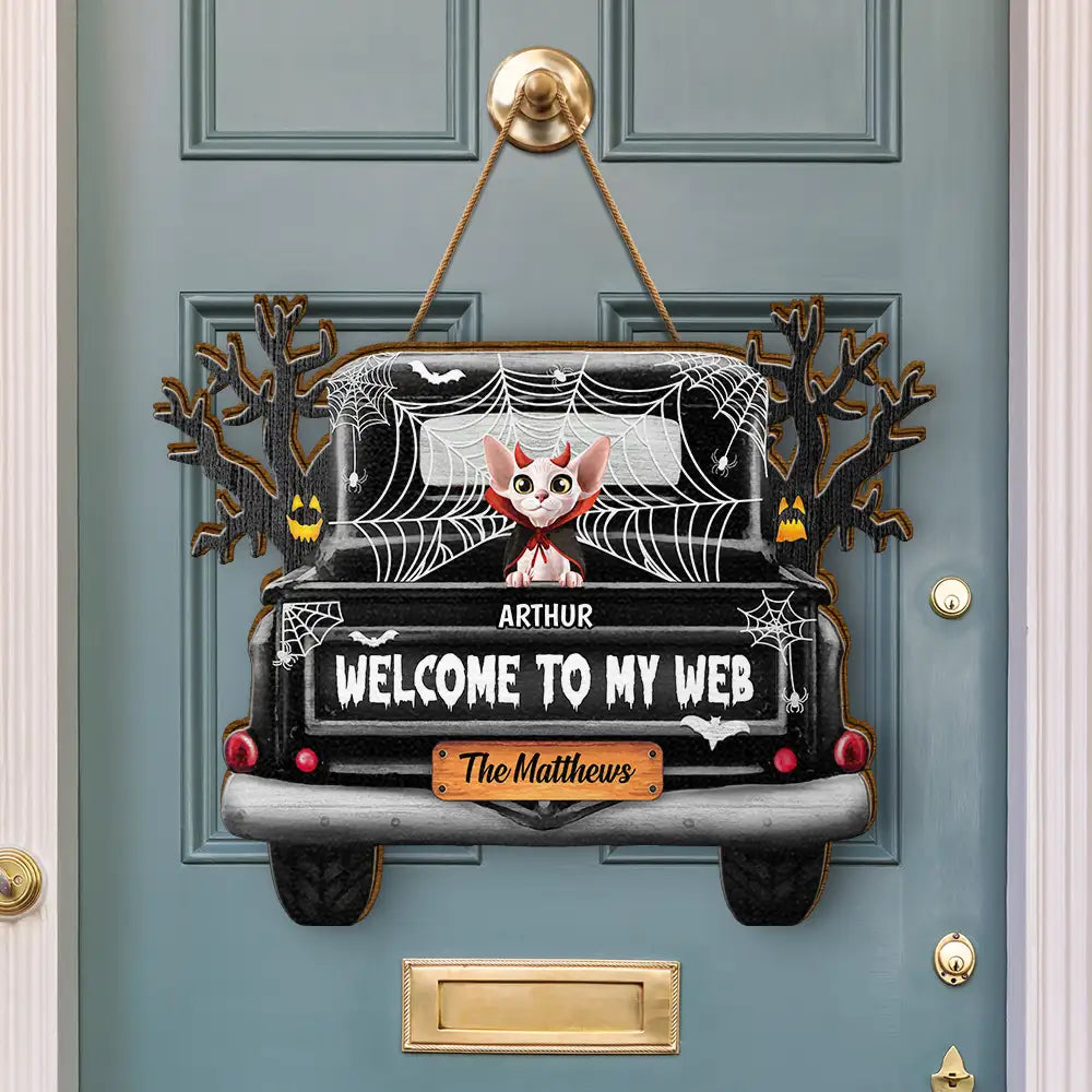 Halloween, Pet Lovers, Pet Mom, Pet Dad, Happy - Welcome To Our Web Halloween Truck - Personalized Custom Shaped Wood Sign