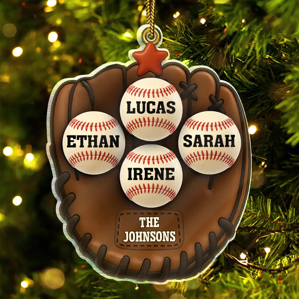 Christmas,Family,Parents,Gift For Kids,Happy,Baseball - 3D Effect Baseball Gloves Family Members' Names - Personalized Custom Shaped Acrylic Ornament