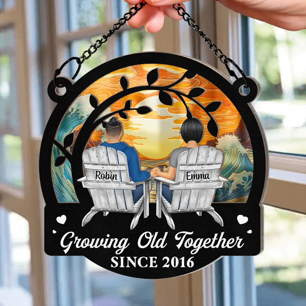 Gift For Couples,Old Couples,Gift For Husband,Gift For Wife,Gift For Boyfriend,Gift For Girlfriend,Happy - Couple Starry Night Growing Old Together Since - Personalized Window Hanging Suncatcher Ornament
