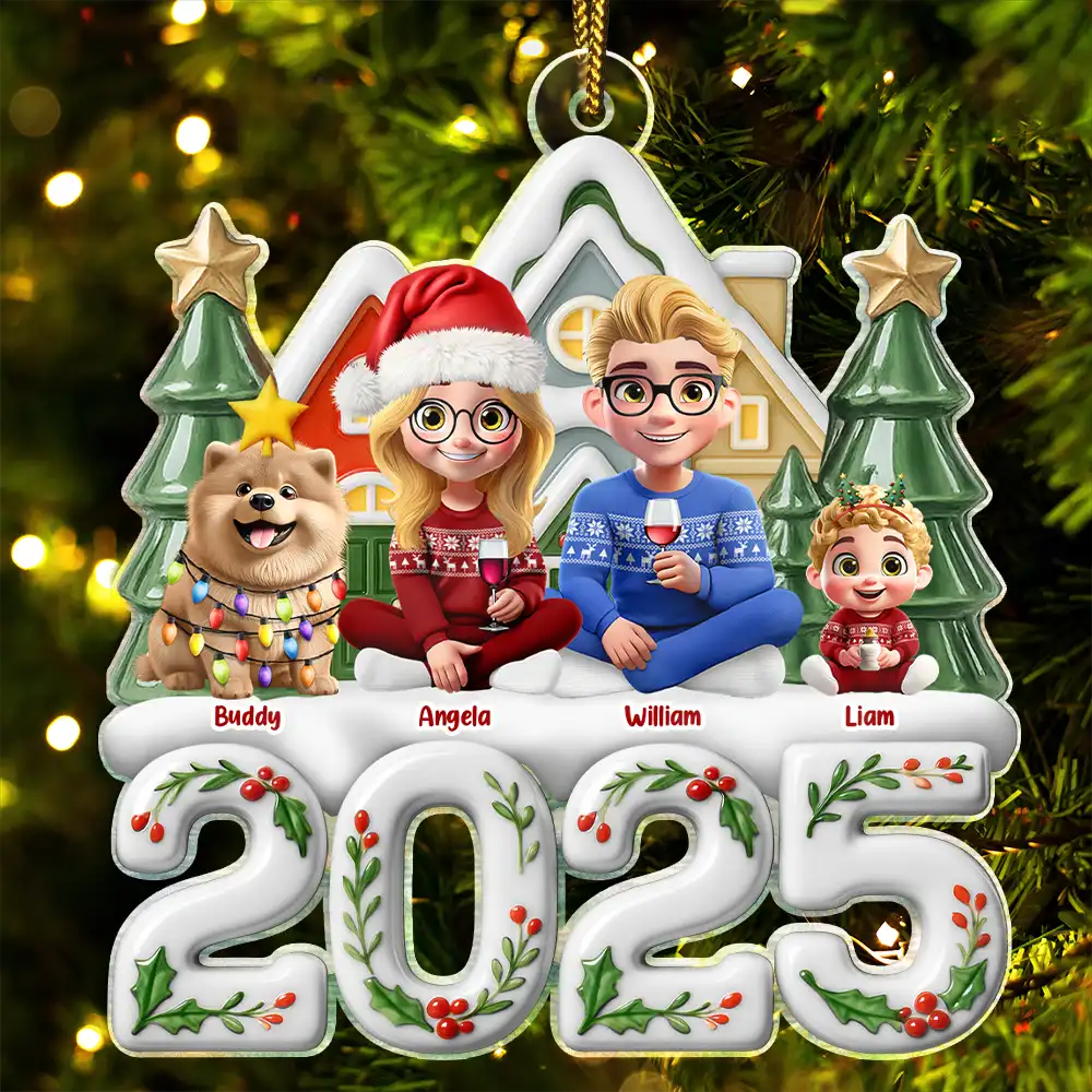 Christmas Family Sitting Together Ceramic Effect - Personalized Custom Shaped Acrylic Ornament
