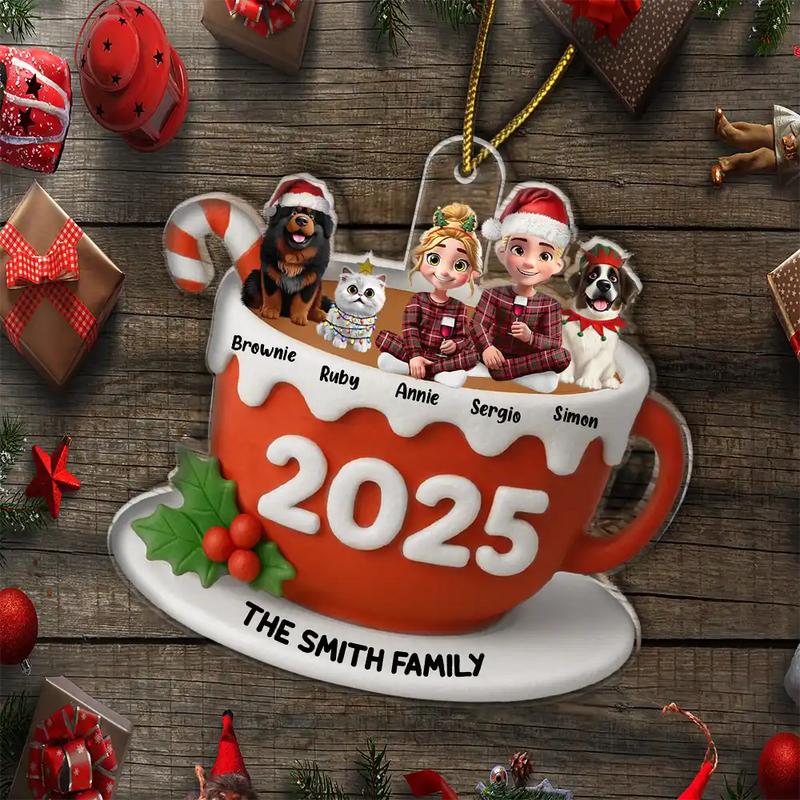 Christmas,Family,Happy - Family Sitting 3D Effect Marshmallow - Personalized Custom Shaped Acrylic Ornament