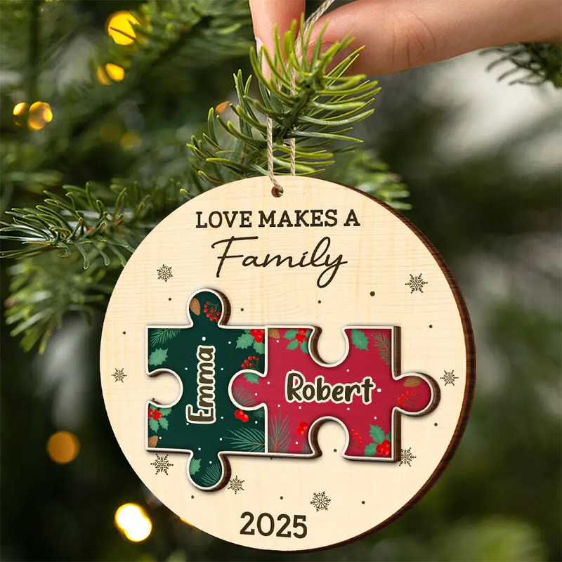 Family,Pet Lovers,Pet Mom,Pet Dad,Pet Couple,Dog Lovers,Dog Couple,Dog Mom,Dog Dad,Cat Lovers,Cat Mom,Cat Dad,Cat Couple,Happy,Single Mom,Single Dad,Gift For Grandpa,Gift For Grandma,Gift For Grandkids,Christmas,Top Market - The Pieces That Make Our Family Puzzle - Personalized 2-Layered Wooden Ornament