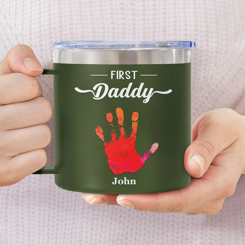 First Dad Now Grandpa - Personalized 14oz Stainless Steel Tumbler With Handle