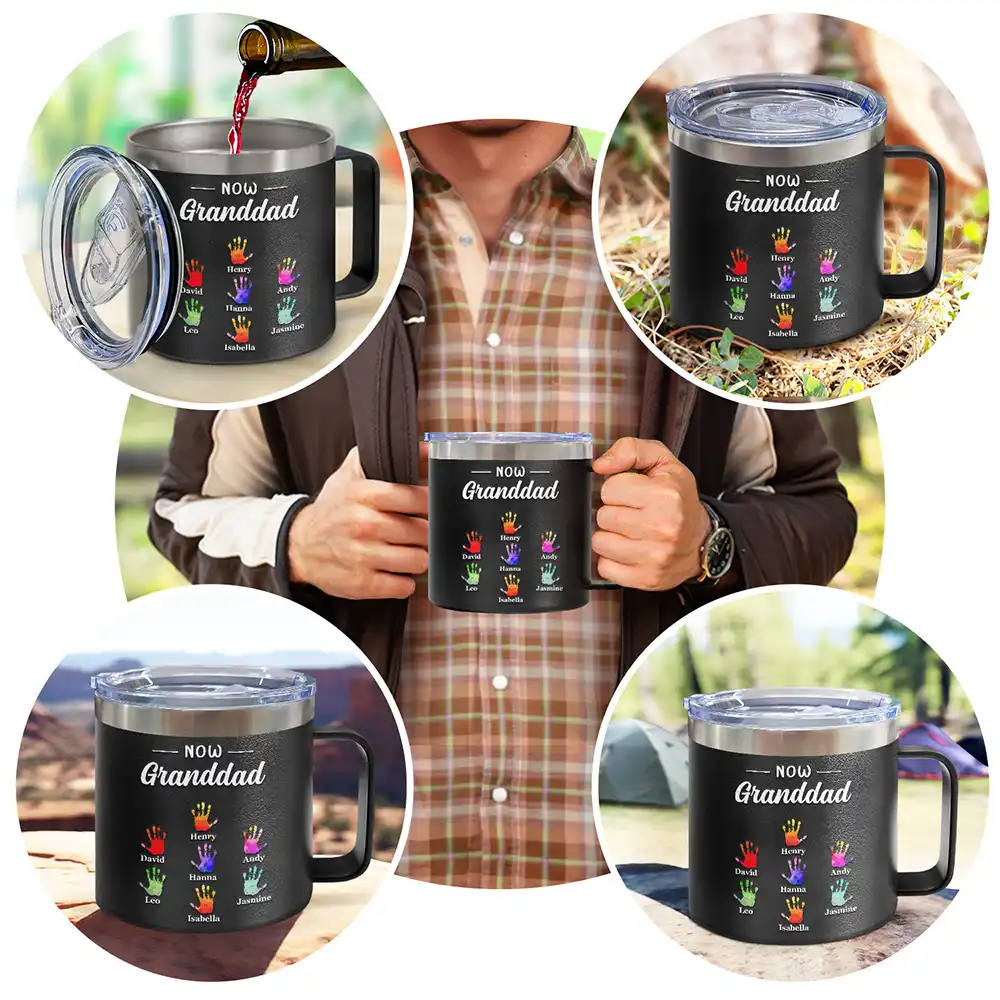 First Dad Now Grandpa - Personalized 14oz Stainless Steel Tumbler With Handle