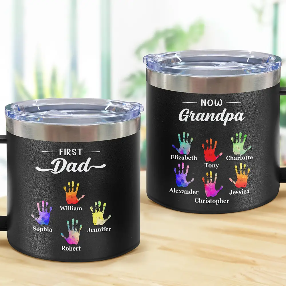 First Dad Now Grandpa - Personalized 14oz Stainless Steel Tumbler With Handle