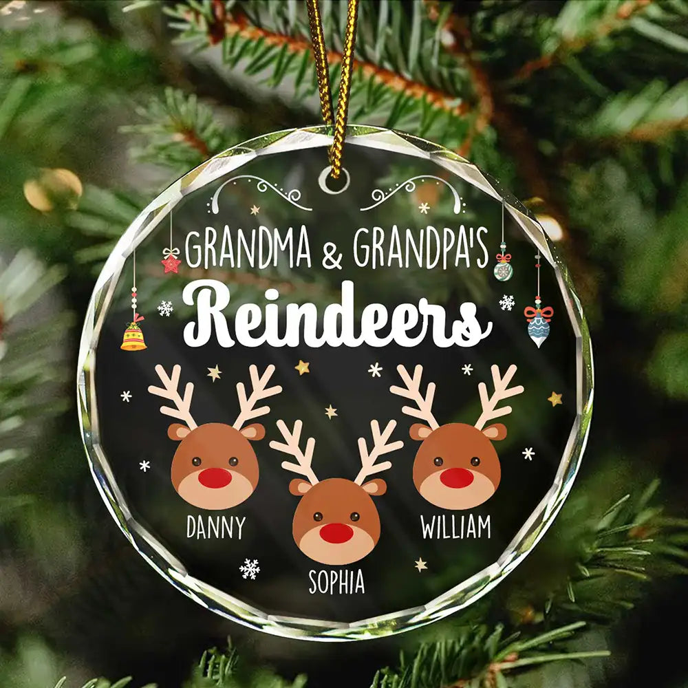 Grandkids Grandma Grandpa Mom Dad Reindeer - Personalized Circle Glass Ornament