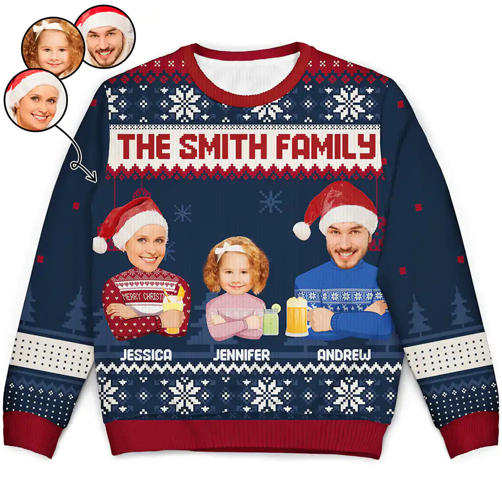 Custom Photo Face Flat Art Christmas Family Version 2 - Personalized Unisex Ugly Sweater