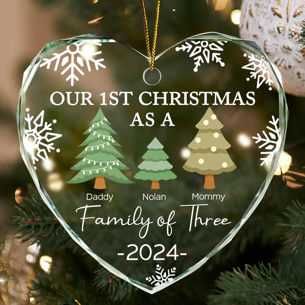First Christmas As A Family Of Three - Personalized Heart Shaped Glass Ornament