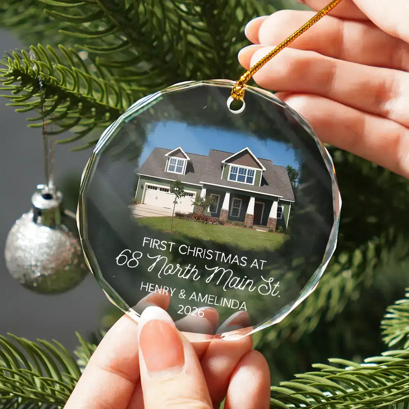 Custom Photo First Christmas At New Home Couple Family - Personalized Circle Glass Ornament