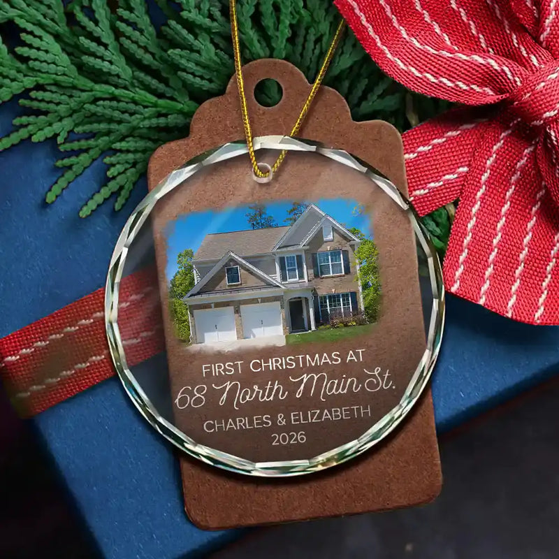 Custom Photo First Christmas At New Home Couple Family - Personalized Circle Glass Ornament
