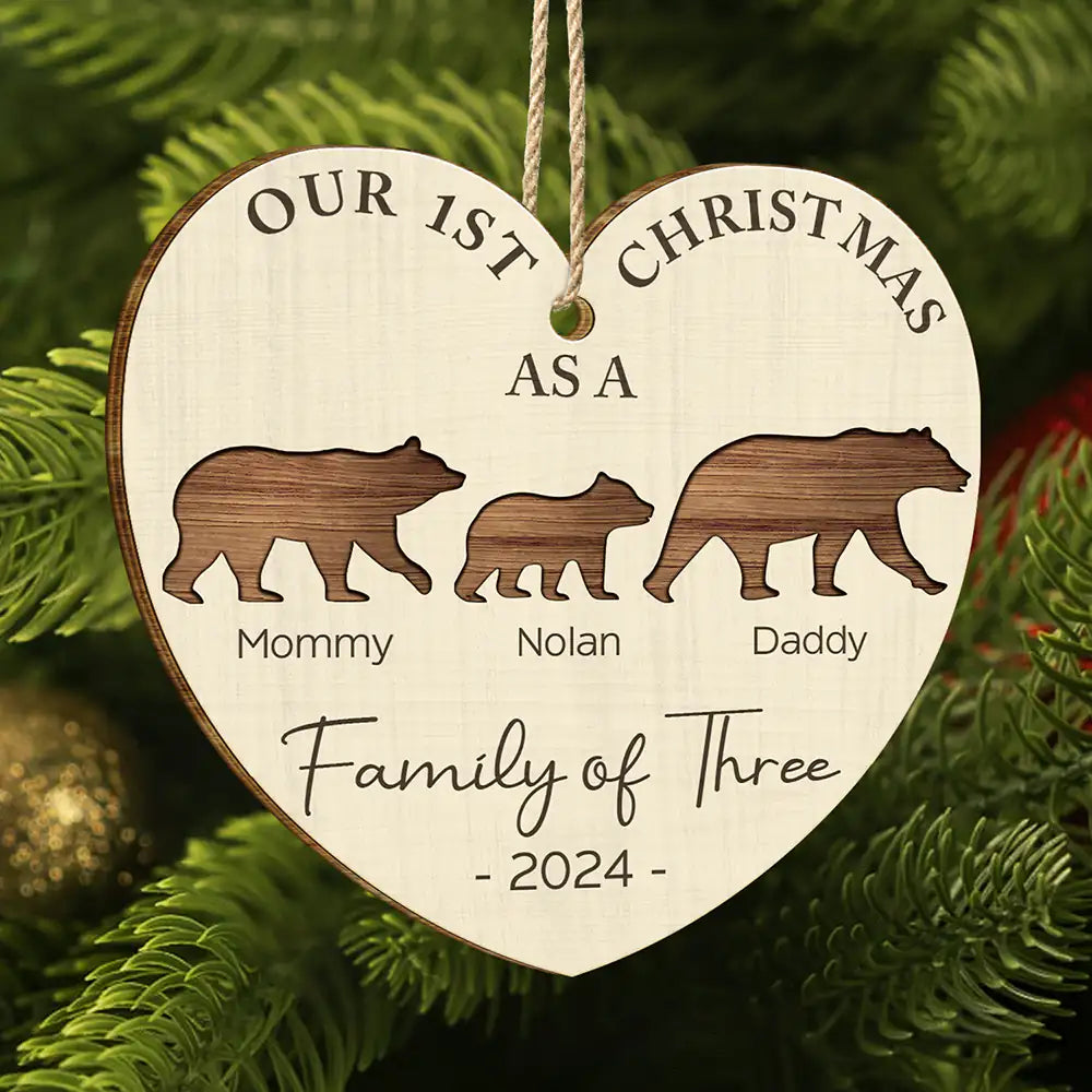 First Christmas As A Family Of Four Bear - Personalized Custom Shaped Wooden Ornament