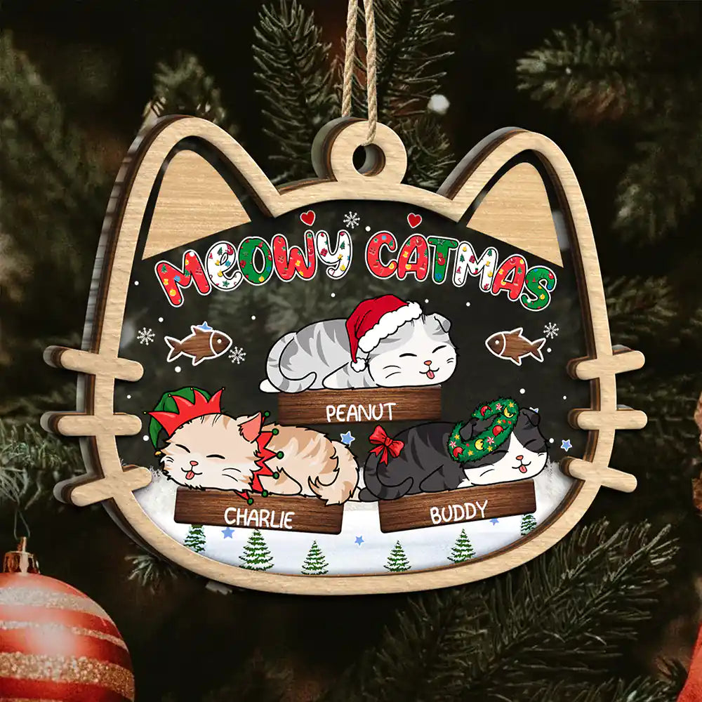 Lying Cat Meowy Catmas - Personalized 2-Layered Mix Ornament