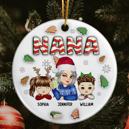 Christmas Grandma With Grandkids - 3D Inflated Effect Printed Ornament, Personalized Circle Ceramic Ornament