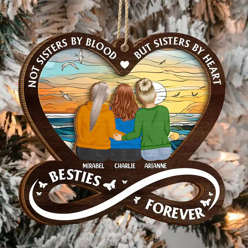 Not Sisters By Blood But Sisters By Heart - Personalized 2-Layered Wooden Ornament