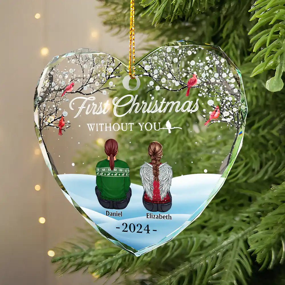 Christmas,Family,Parents,Gift For Grandparents,Gift For Kids,Gift For Daughter,Gift For Son,Continue Shopping,Sad,Memorial - Family Memorial First Christmas Without You - Personalized Heart Shaped Glass Ornament