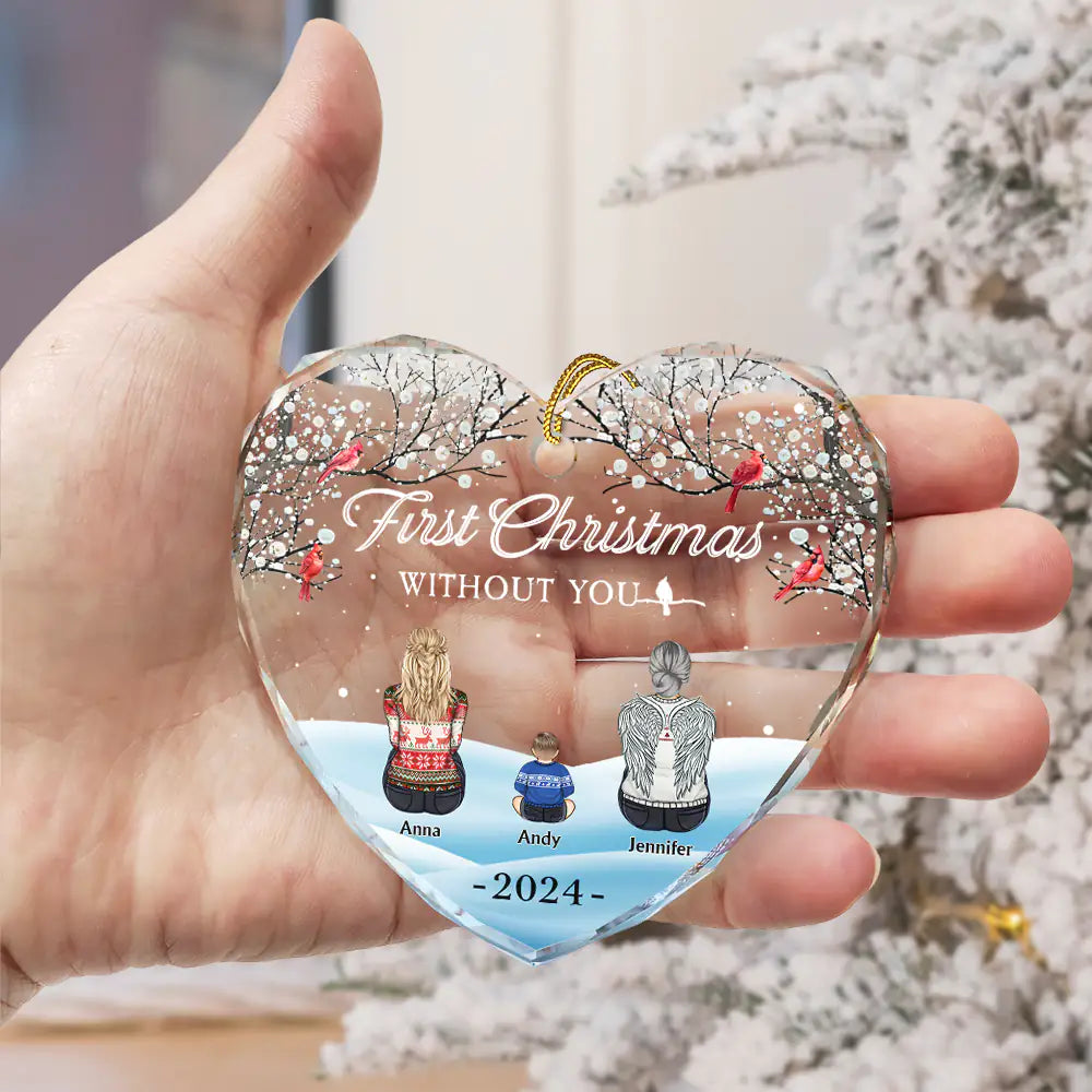 Christmas,Family,Parents,Gift For Grandparents,Gift For Kids,Gift For Daughter,Gift For Son,Continue Shopping,Sad,Memorial - Family Memorial First Christmas Without You - Personalized Heart Shaped Glass Ornament