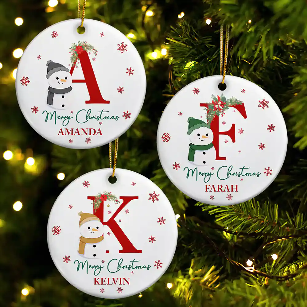 Family, Parents, Gift For Kids - Monogram Name Merry Christmas - Personalized Combo Circle Ceramic Ornament Set