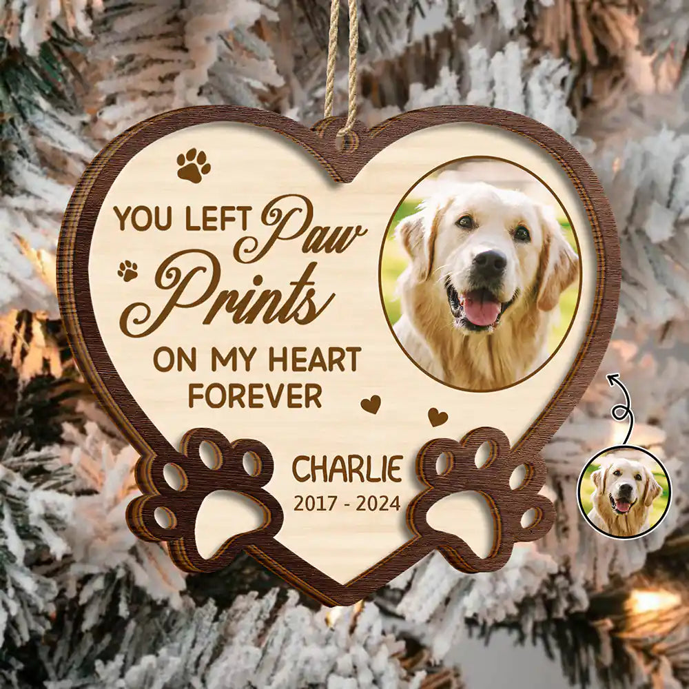 Custom Photo Memorial You Left Paw Prints On My Heart Forever - Personalized 2-Layered Wooden Ornament