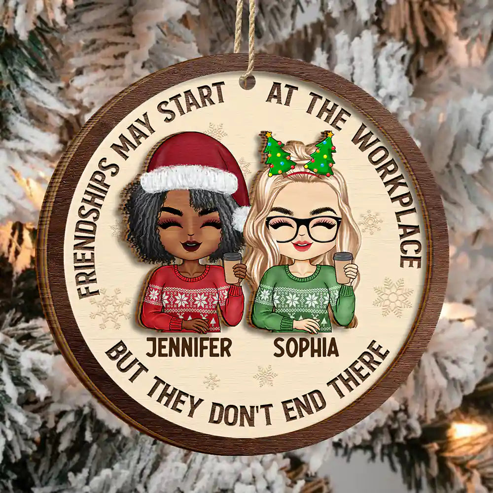 Friendships May Start At The Workplace Christmas Chibi - Personalized 2-Layered Wooden Ornament
