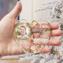 Christmas,Custom Photo,Memorial,Family,Sad - Custom Photo Always In Our Thoughts Forever In Our Hearts - Personalized Heart Shaped Glass Ornament
