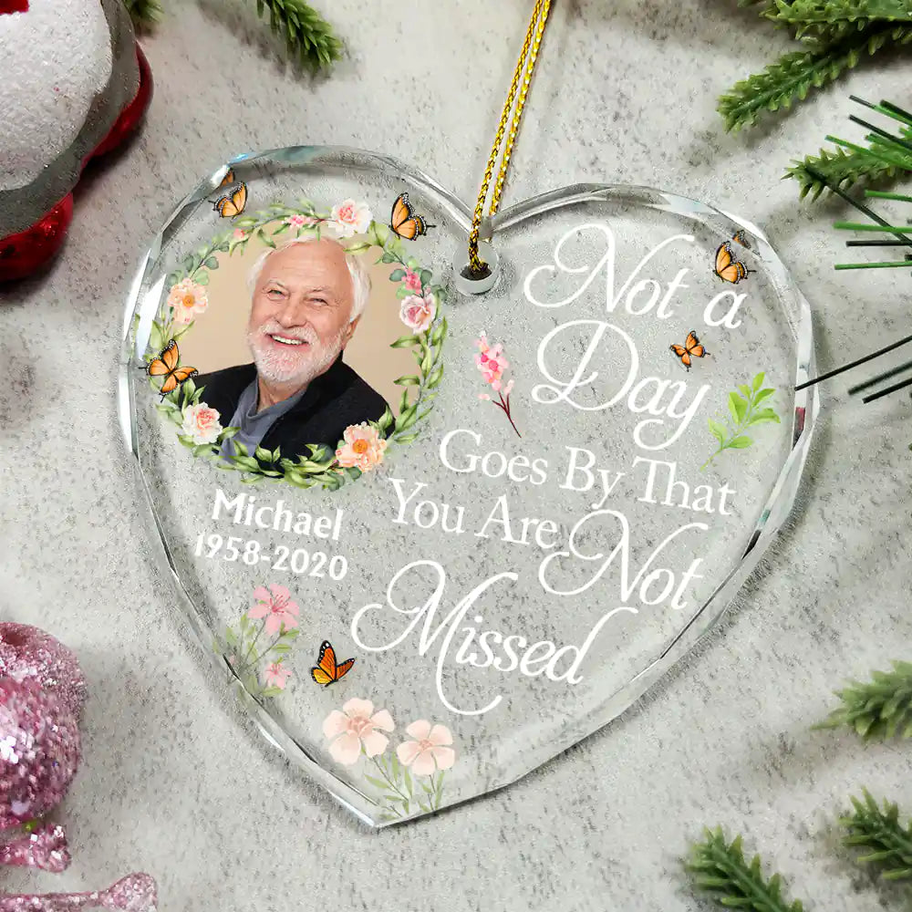 Christmas,Custom Photo,Memorial,Family,Sad - Custom Photo Always In Our Thoughts Forever In Our Hearts - Personalized Heart Shaped Glass Ornament
