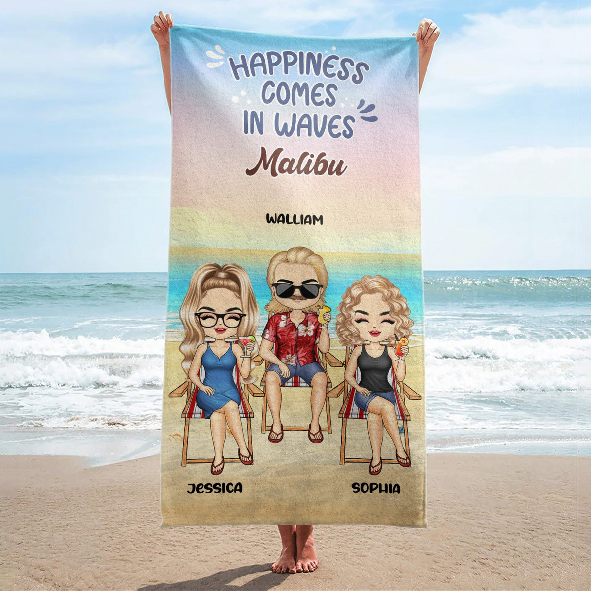 Happiness Comes In Waves - Bestie BFF Gift - Personalized Beach Towel