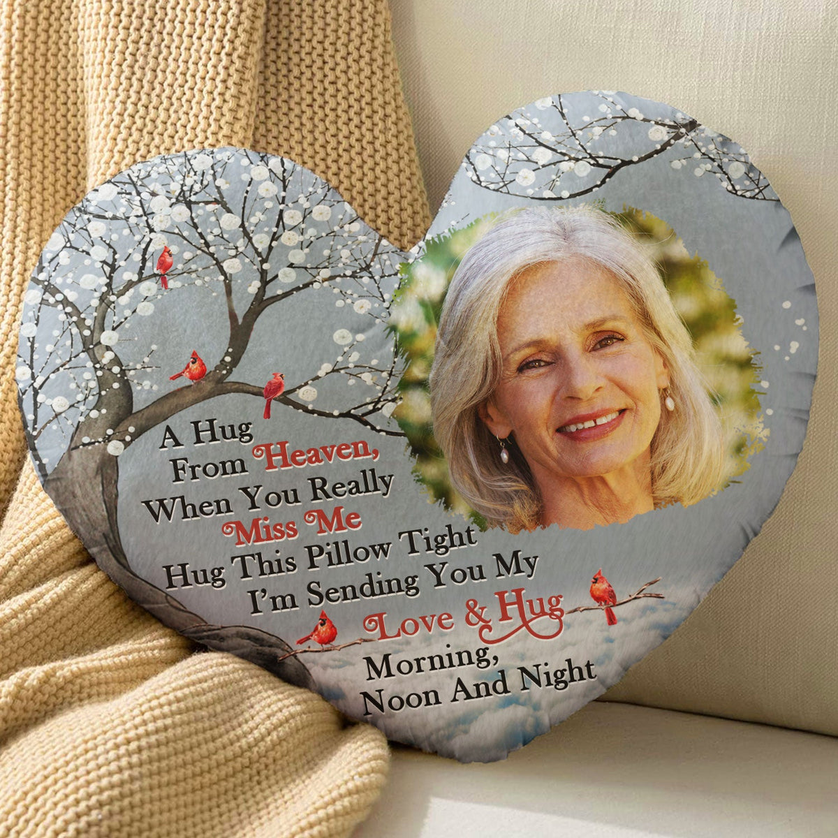 Custom Photo A Hug From Heaven - Memorial Gift For Family, Friends - Personalized Heart Shaped Pillow