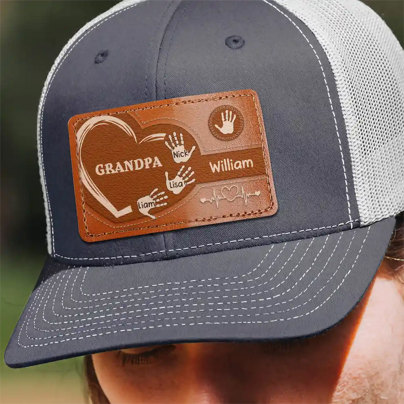 Granddad Dad Kids Handprints Heart - Personalized Leather Patch Hat