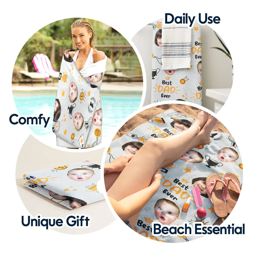 Custom Photo Best Papa Ever Trophy Dad - Personalized Beach Towel
