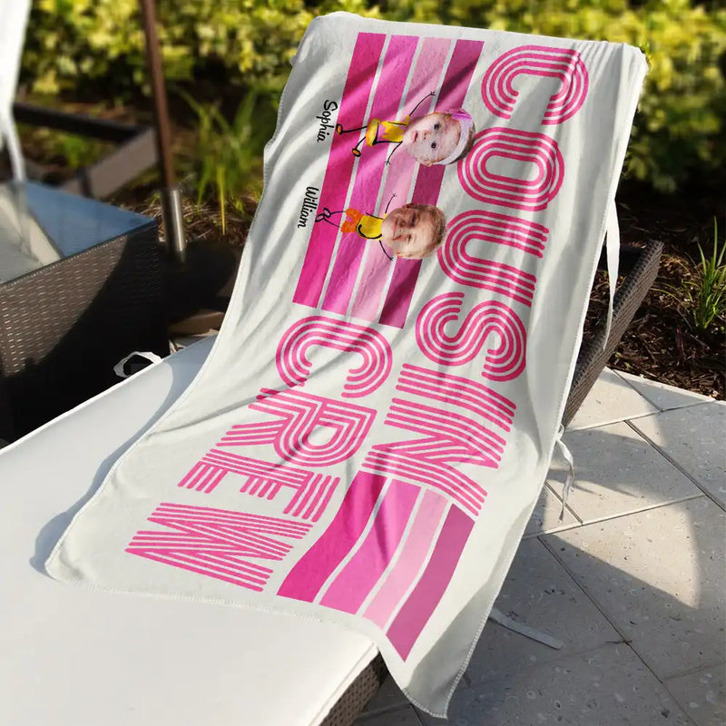 Custom Photo Funny Cousin Crew Retro Stripe - Personalized Beach Towel