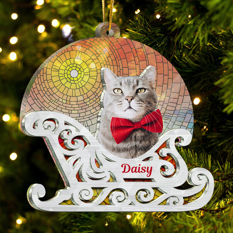 Custom Photo Christmas Sleigh With Dog, Cat Or Person - Christmas, Funny Gift For Pet Lovers, Couples, Family, Friends - Personalized 2-Layered Acrylic Suncatcher Ornament