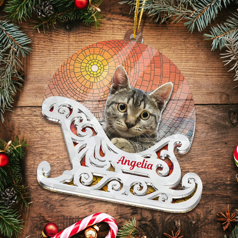 Custom Photo Christmas Sleigh With Dog, Cat Or Person - Christmas, Funny Gift For Pet Lovers, Couples, Family, Friends - Personalized 2-Layered Acrylic Suncatcher Ornament