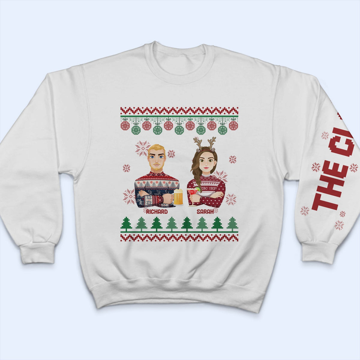 Flat Art - Christmas, Funny Gift For Family, Couple, Dad, Mom, Grandpa, Grandma - Personalized Sweatshirt With Sleeve Imprint