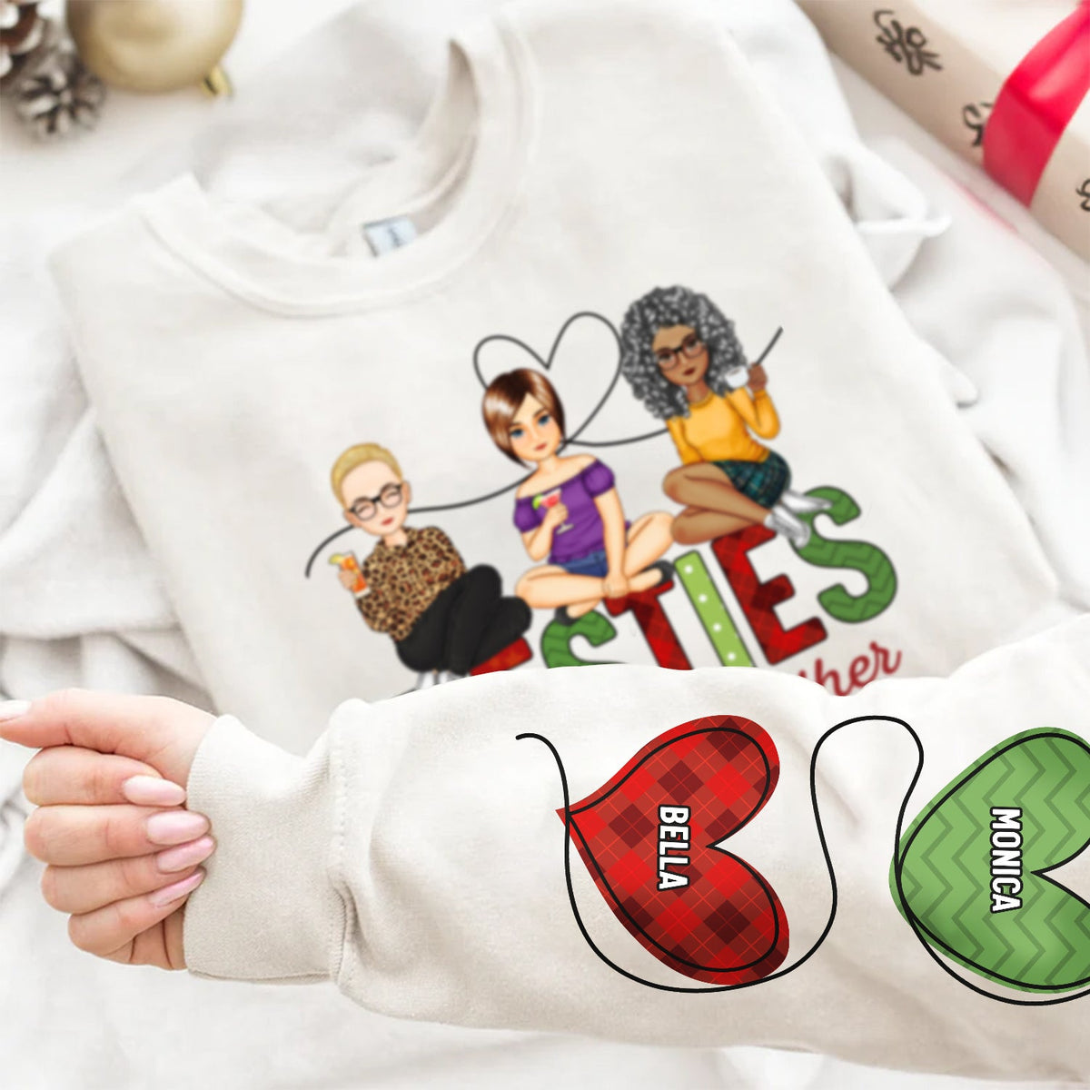 Sisters Are Tied Together With Heartstrings - Christmas Gift For Besties, Sisters - Personalized Sweatshirt With Sleeve Imprint