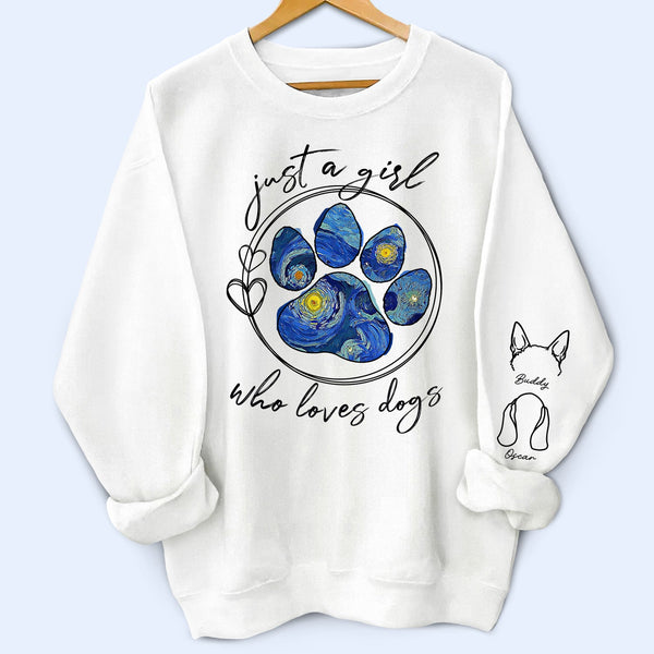 Just A Girl Who Loves Dogs Cats Night Sky - Birthday, Loving Gift For Dog Lover, Cat Mom, Pet Mum - Personalized Unisex Sweatshirt With Design On Sleeve