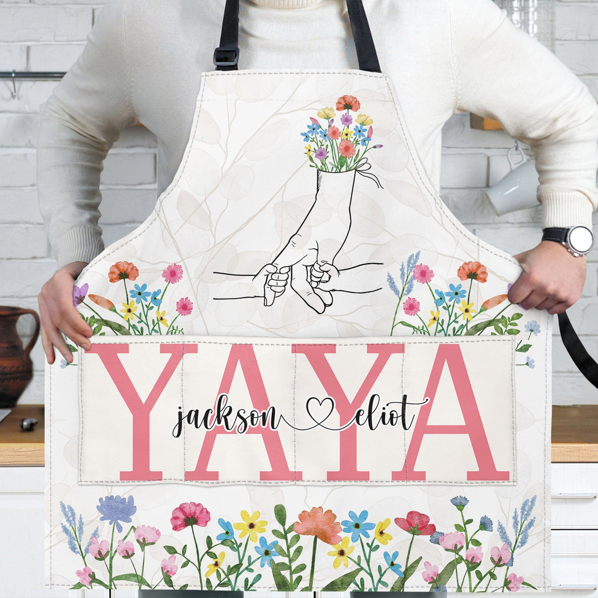 Hand In Hand Wild Flowers - Birthday, Loving Gift For Mom, Nana - Personalized Apron