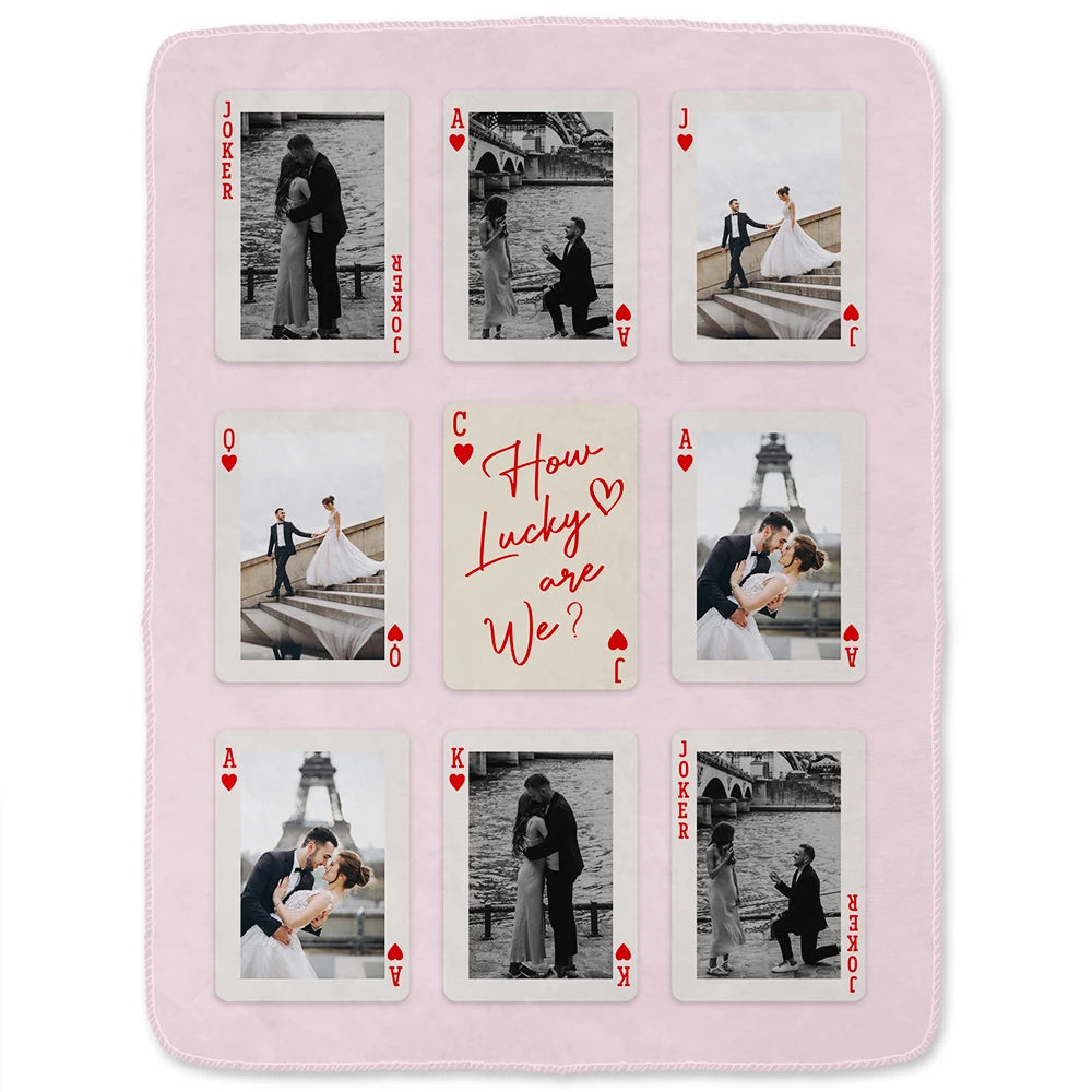 Gift For Couples,Old Couples,Gift For Husband,Gift For Wife,Gift For Boyfriend,Gift For Girlfriend,Love,Custom Photo - Custom Photo Playing Card Couple Lucky In Love - Personalized Fleece Blanket, Sherpa Blanket