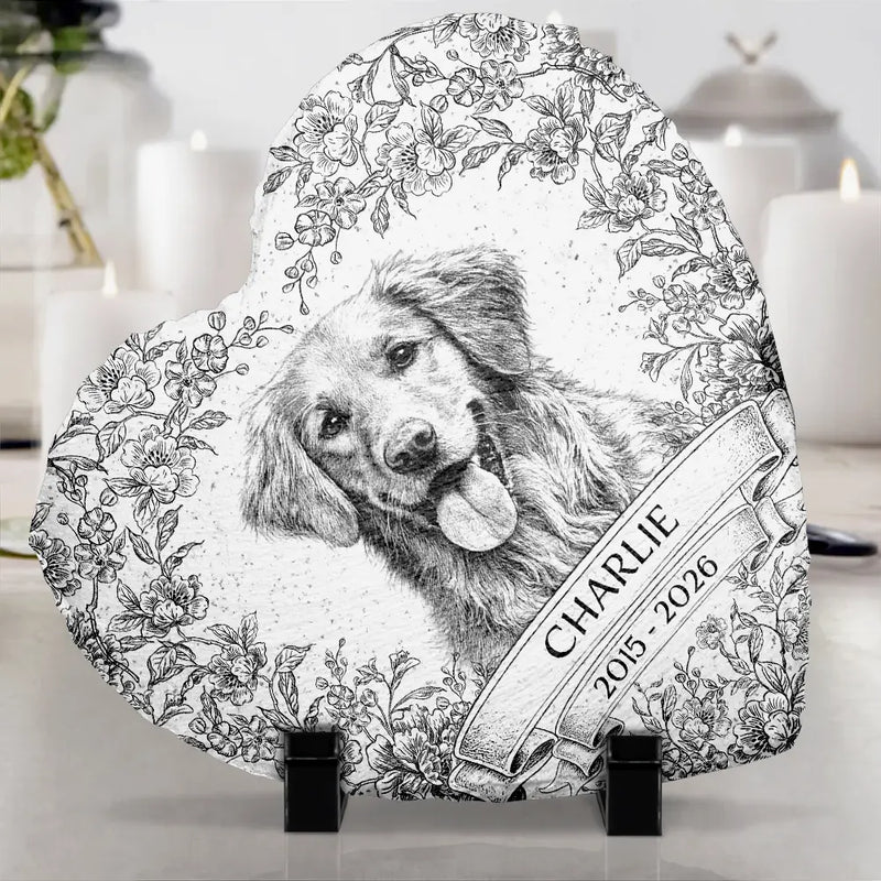Pet Lovers,Pet Mom,Pet Dad,Dog Lovers,Dog Mom,Dog Dad,Cat Lovers,Cat Mom,Cat Dad,Custom Photo,Memorial,Sad - Custom Photo Pencil Sketch Forever Loved Dog Cat Portrait - Personalized Heart Memorial Garden Stone